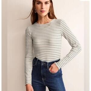 Boden Long Sleeve Ribbed Knit Top Womens 2 Cream Metallic Stripe